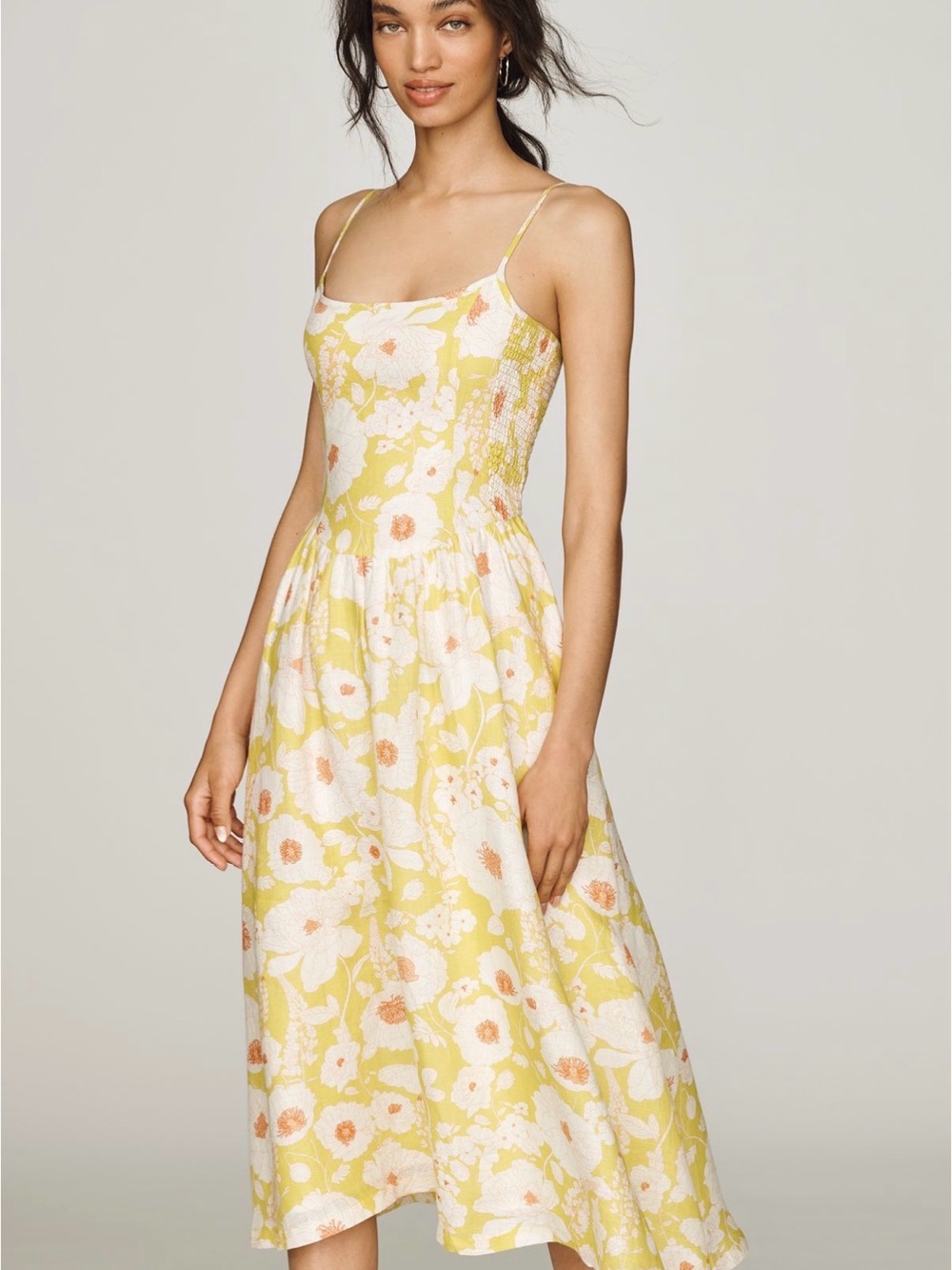 Maeve Yellow Floral Midi Dress with White & Peach Accents